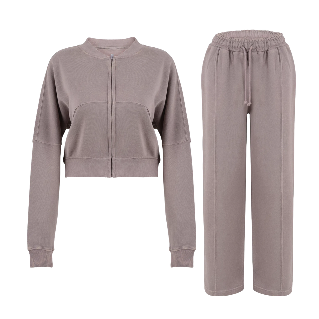 Women Acid Wash Crop Top Zip Tracksuit Straight Leg Joggers - Stylish Female Jacket