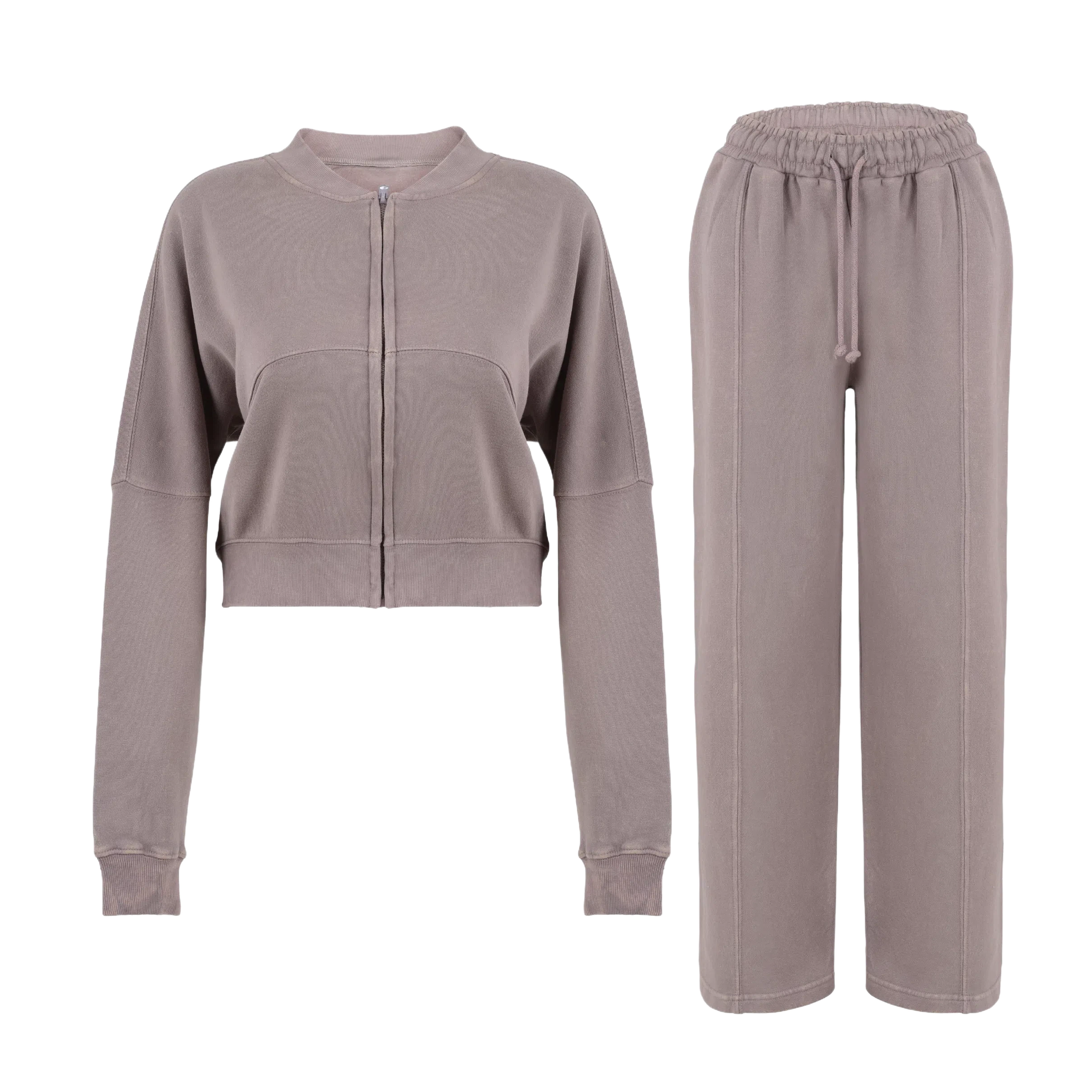 Women Acid Wash Crop Top Zip Tracksuit Straight Leg Joggers - Stylish Female Jacket