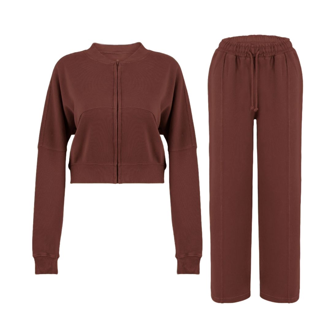 Women Acid Wash Crop Top Zip Tracksuit Straight Leg Joggers - Stylish Female Jacket