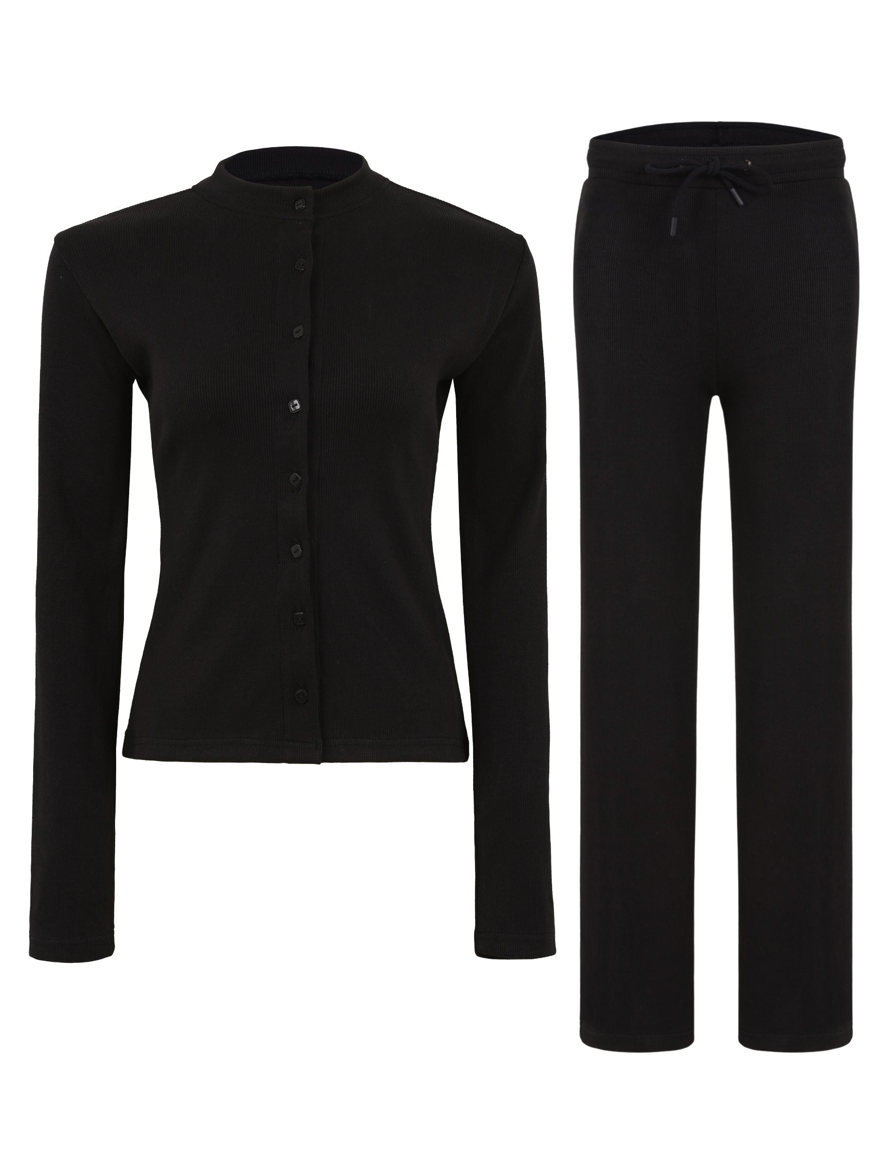 Rib Knit Cardigan & Pants Set - Cozy Ribbed Loungewear 2Pc Set with Button Front