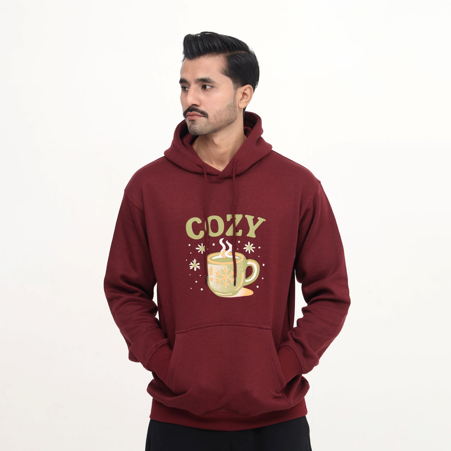 Maroon Sweatshirt with Steaming Mug & Holiday Print
