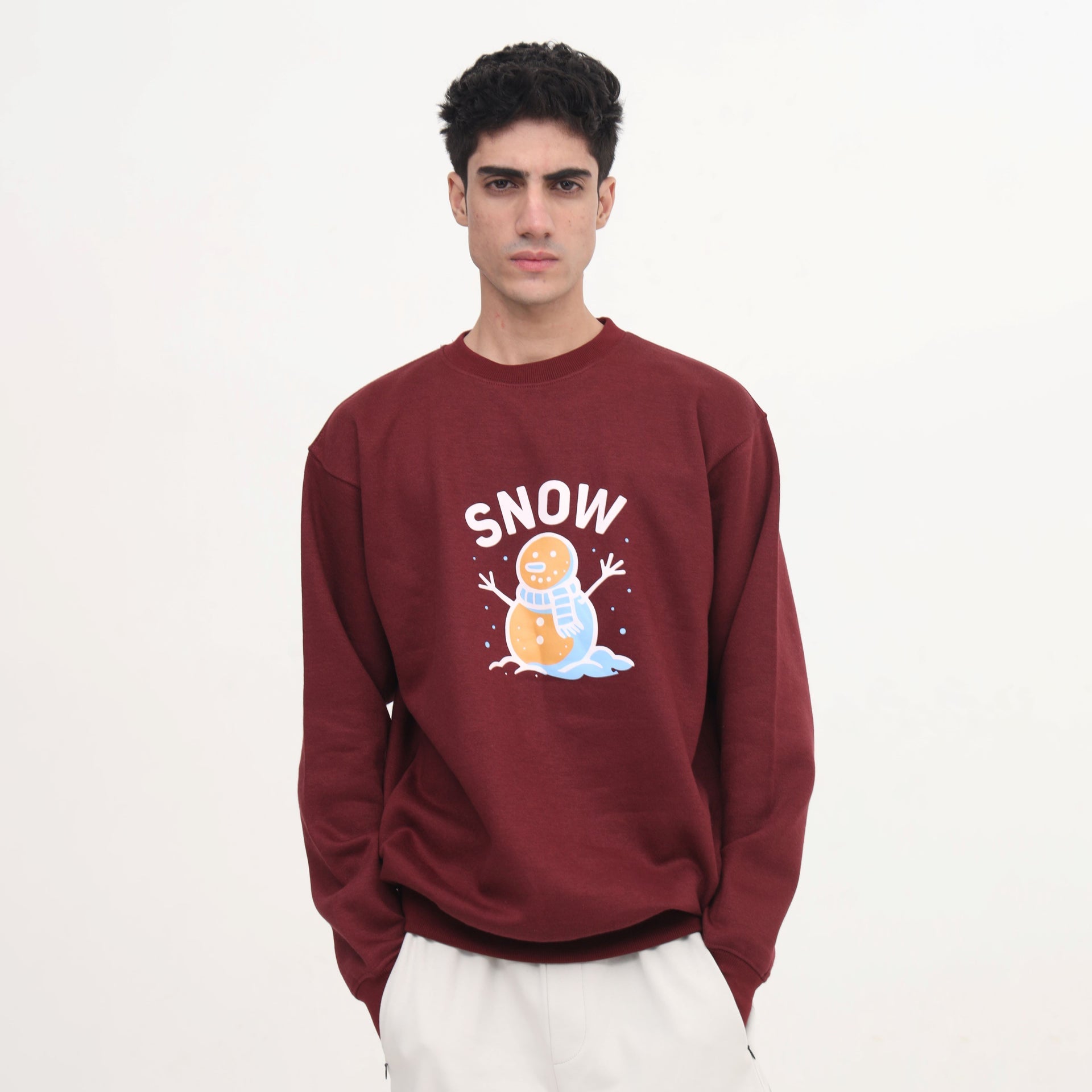 Maroon Pullover with SNOW Print & Snowflakes