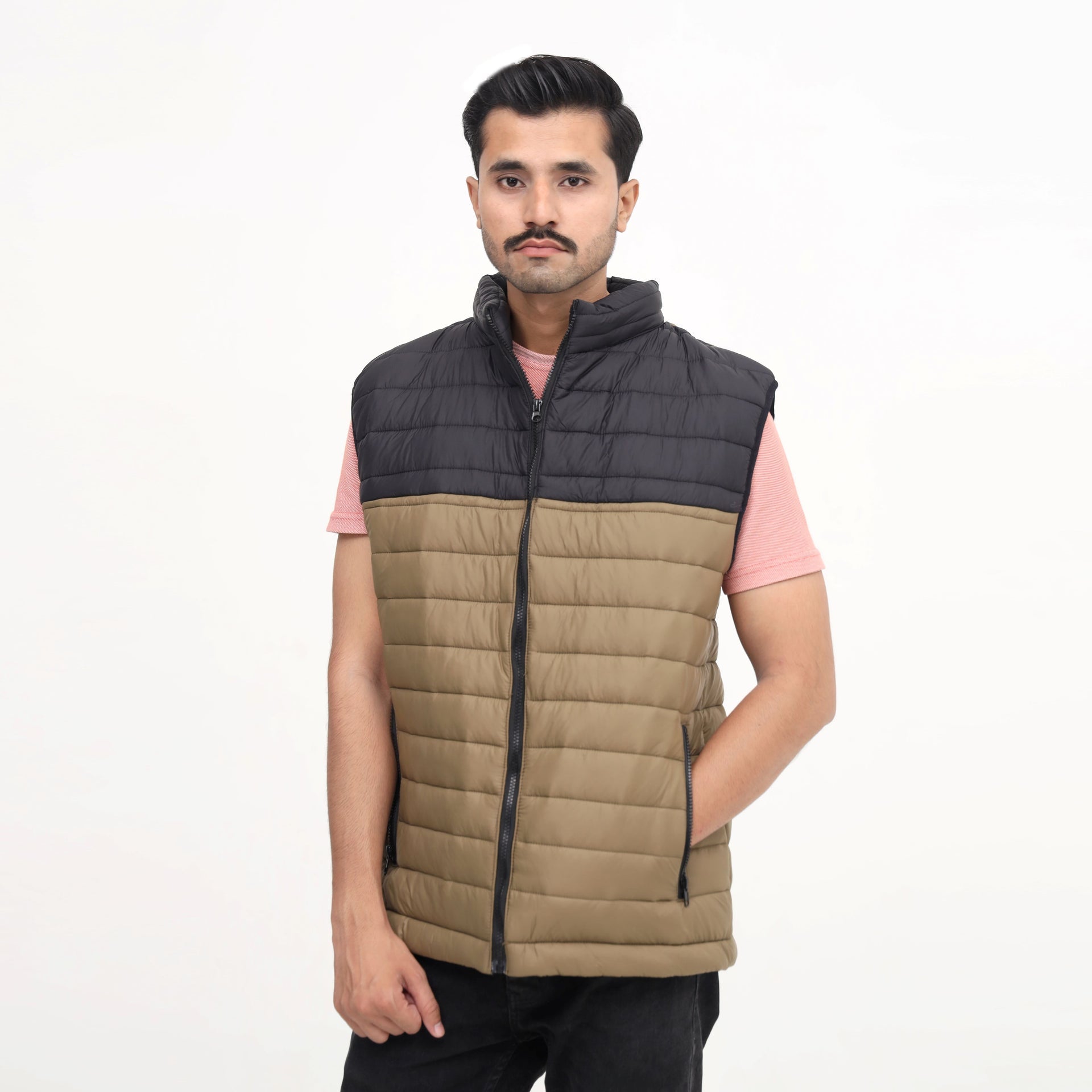 Men Black & Brown Puffer Vest