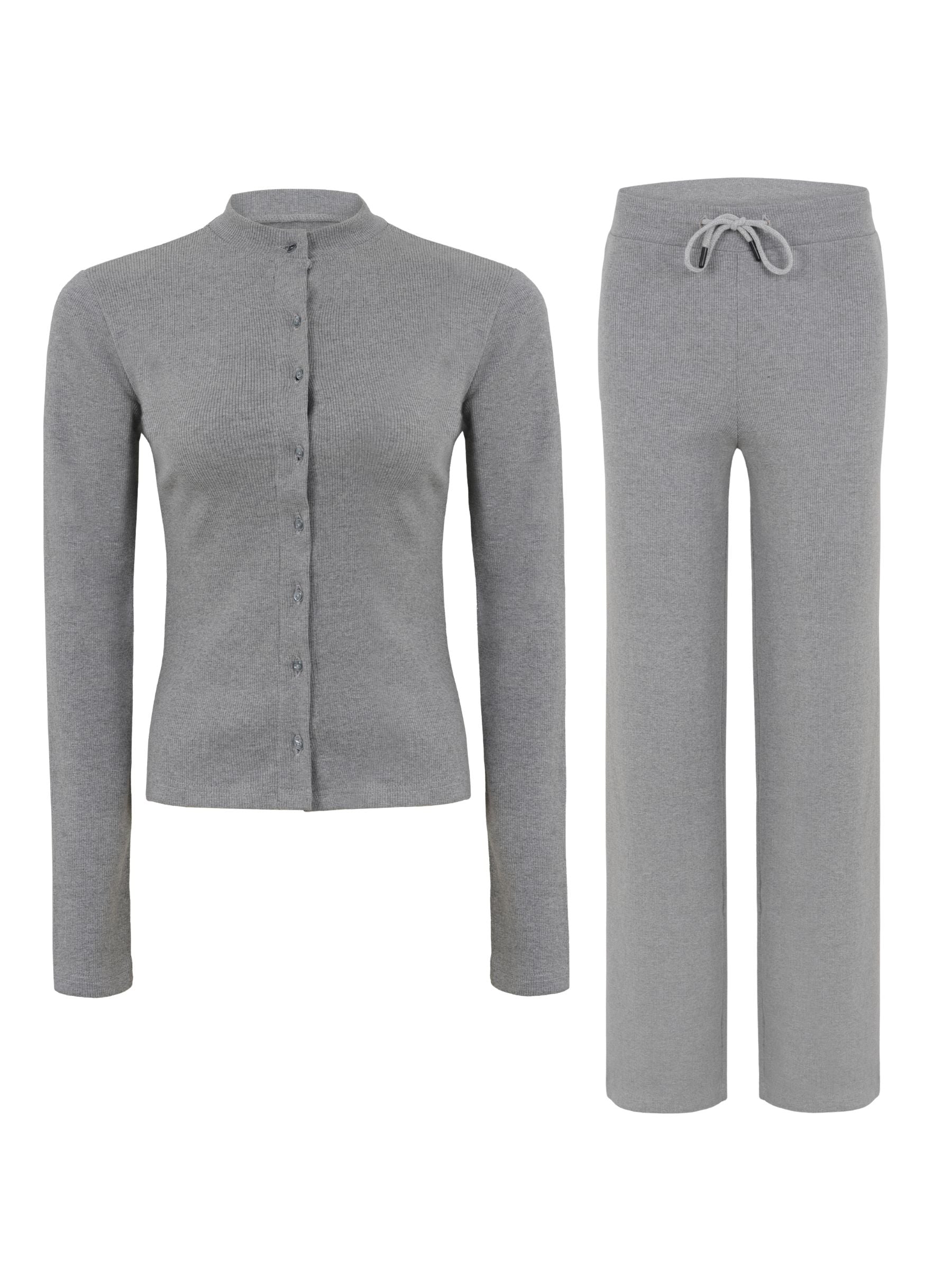 Rib Knit Cardigan & Pants Set - Cozy Ribbed Loungewear 2Pc Set with Button Front
