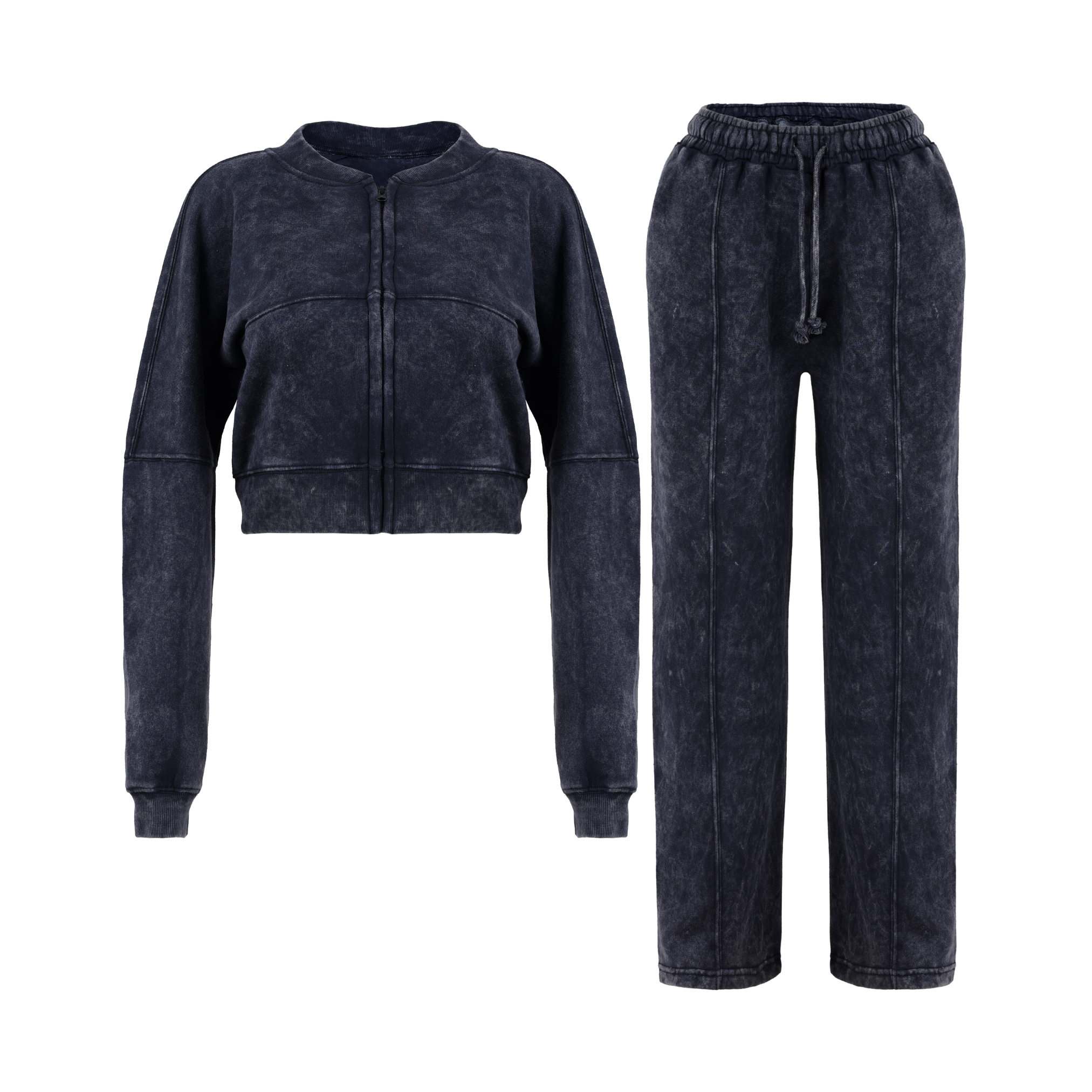 Black tracksuit with jacket and pants on a white background