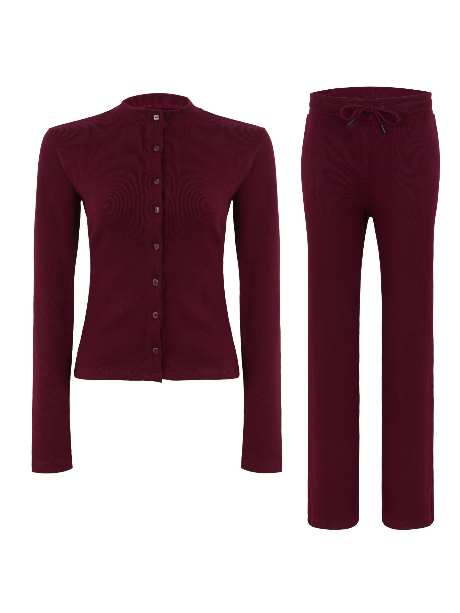 Rib Knit Cardigan & Pants Set - Cozy Ribbed Loungewear 2Pc Set with Button Front