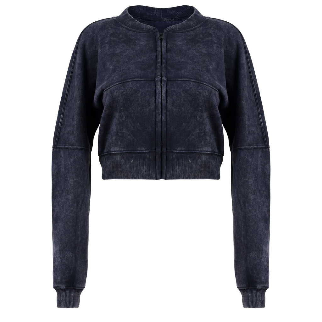 Women Acid Wash Crop Top Zip Tracksuit Straight Leg Joggers - Stylish Female Jacket